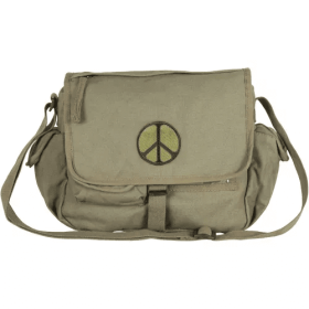 Retro Messenger Bag With Peace Emblem - Olive Drab