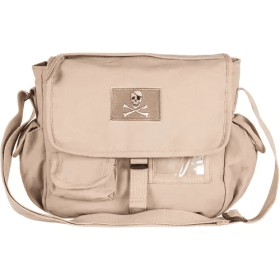 Retro Messenger Bag With Skull Emblem - Khaki